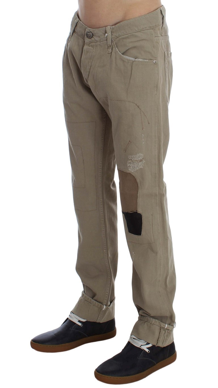 Beige Cotton Patchwork Jeans